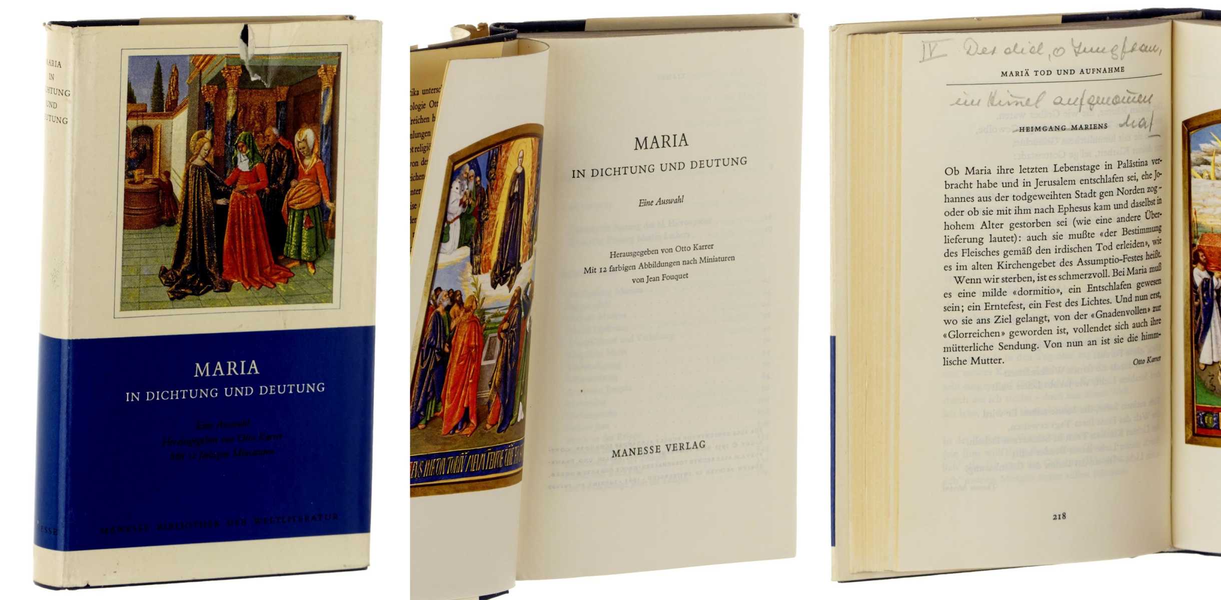 Karrer, Otto (Hg.):  Maria in Dichtung und Deutung. Eine Auswahl. Mit 12 farb. Abb. nach Miniaturen von Jean Fouquet. 