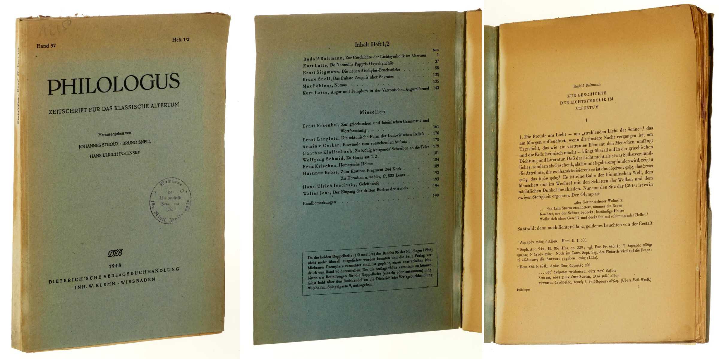   Philologus. Zeitschrift für das klassische Altertum. Band 97, Heft 1/2. Hrsg. von Johannes Stroux, Bruno Snell, Hans Ulrich Instinsky. 