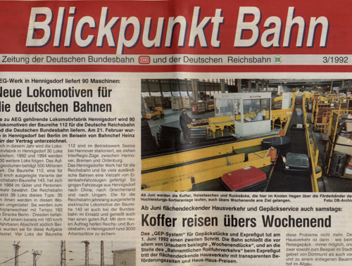   Blickpunkt Bahn. Zeitung der Deutschen Bundesbahn und der Deutschen Reichsbahn. hier: Ausgabe 3/1992. 