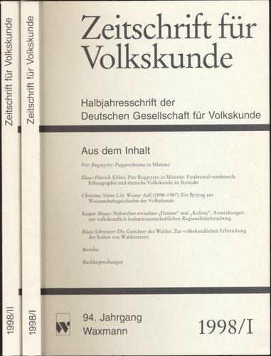 Deutsche Gesellschaft für Volkskunde (Hrg.)  Zeitschrift für Volkskunde. Halbjahresschrift. Jahrgang 1998 in 2 Halbbänden (94. Jahrgang). 