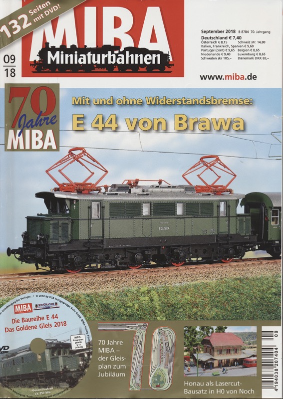   MIBA. Die Eisenbahn im Modell Heft 8/2018: E 44 von Brawa. Mit und ohne Widerstandsbremse (ohne DVD!!). 