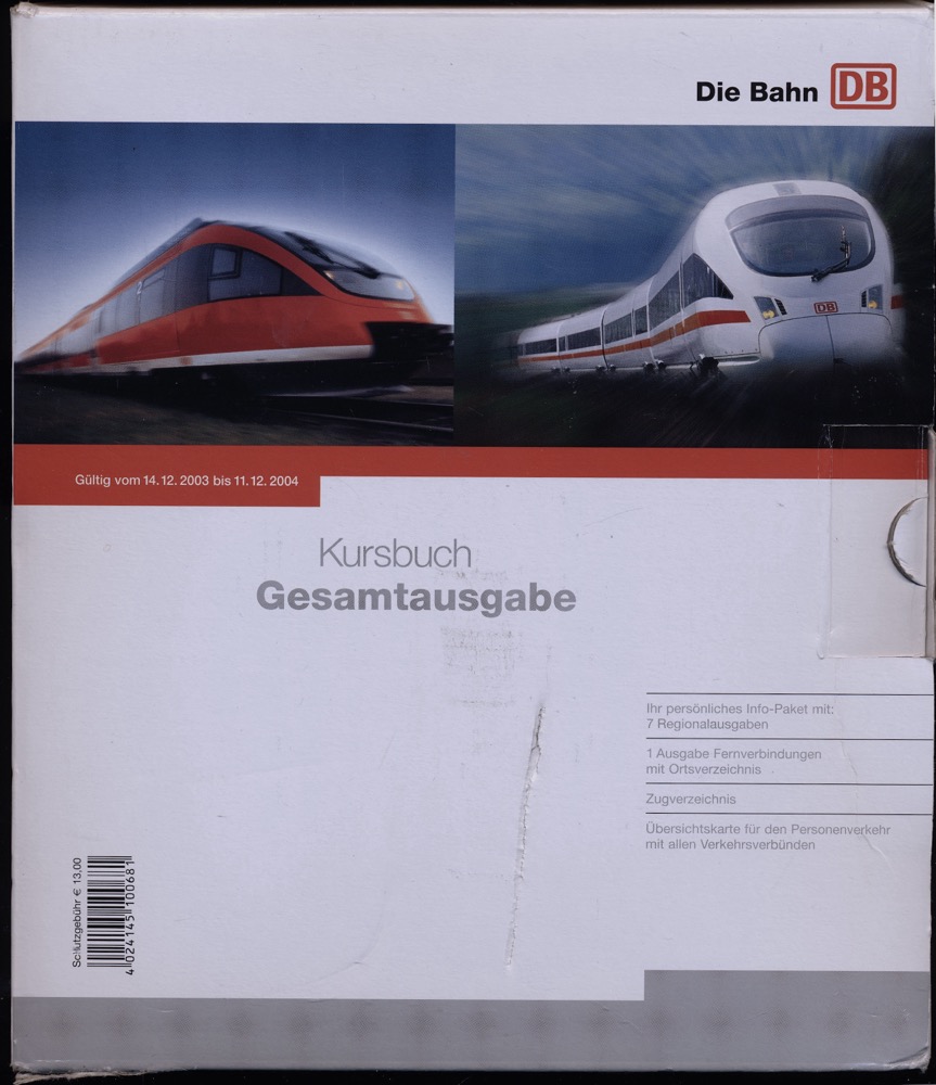 Deutsche Bahn AG  Deutsche Bahn: Kursbuch Gesamtausgabe 2004, gültig vom 14.12.2003 bis 11.12.2004. 9 Bde. und 1 Übersichtskarte (= kompl. Edition). 