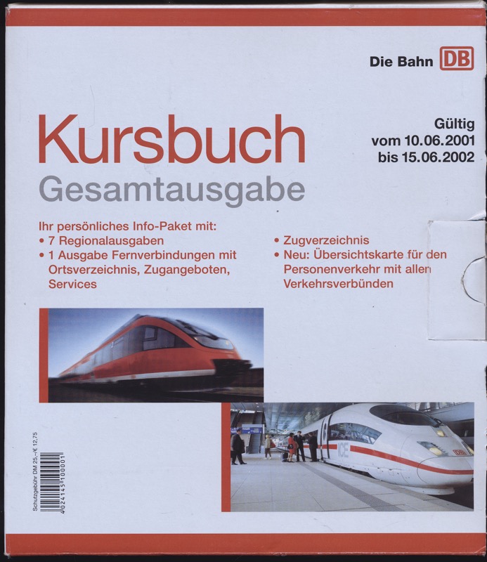 Deutsche Bahn AG  Deutsche Bahn: Kursbuch Gesamtausgabe 2001/2002, gültig vom 10.06.2001 bis 15.06.2002. 9 Bde. und 1 Übersichtskarte (= kompl. Edition). 