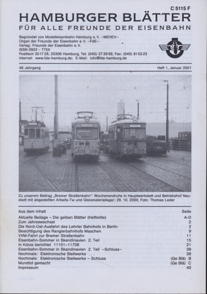 Freunde der Eisenbahn e.V. Hamburg  Hamburger Blätter für alle Freunde der Eisenbahn, 48. Jahrgang 2001: 8 Hefte (=kompl. Jahrgang). 