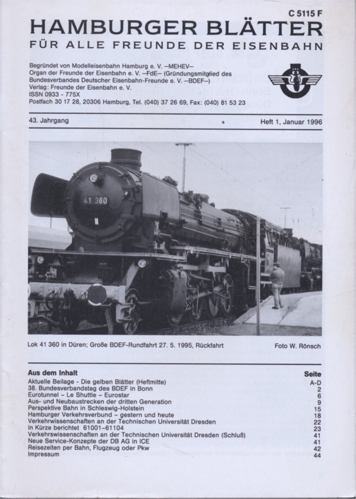 Freunde der Eisenbahn e.V. Hamburg  Hamburger Blätter für alle Freunde der Eisenbahn, 43. Jahrgang 1996: 8 Hefte (=kompl. Jahrgang). 