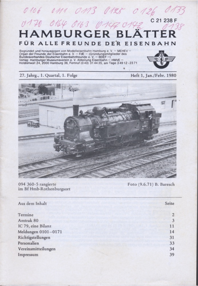 Freunde der Eisenbahn e.V. Hamburg  Hamburger Blätter für alle Freunde der Eisenbahn, 27. Jahrgang 1980: 8 Hefte (=kompl. Jahrgang). 