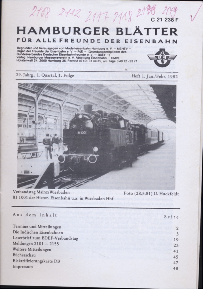 Freunde der Eisenbahn e.V. Hamburg  Hamburger Blätter für alle Freunde der Eisenbahn, 29. Jahrgang 1982: 8 Hefte (=kompl. Jahrgang). 