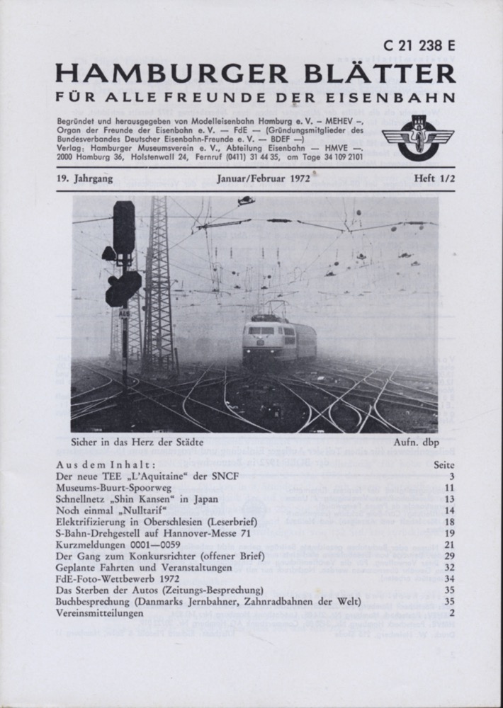Freunde der Eisenbahn e.V. Hamburg  Hamburger Blätter für alle Freunde der Eisenbahn, 19. Jahrgang 1972: 8 Hefte (=kompl. Jahrgang). 