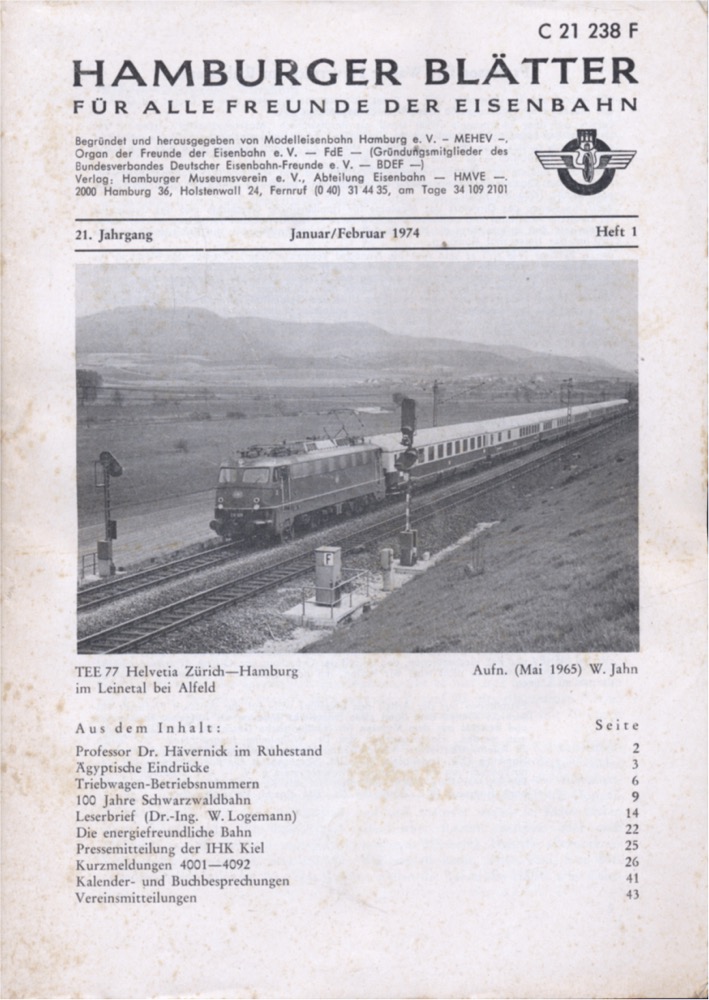 Freunde der Eisenbahn e.V. Hamburg  Hamburger Blätter für alle Freunde der Eisenbahn, 21. Jahrgang 1974: 8 Hefte (=kompl. Jahrgang). 