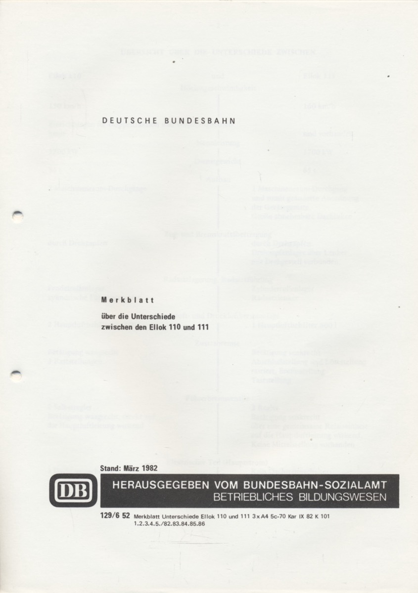 Bundesbahn Sozialamt-Betriebliches Bildungswesen (Hrg.)  Merkblatt über die Unterschiede zwischen den Ellok 110 und 111. 