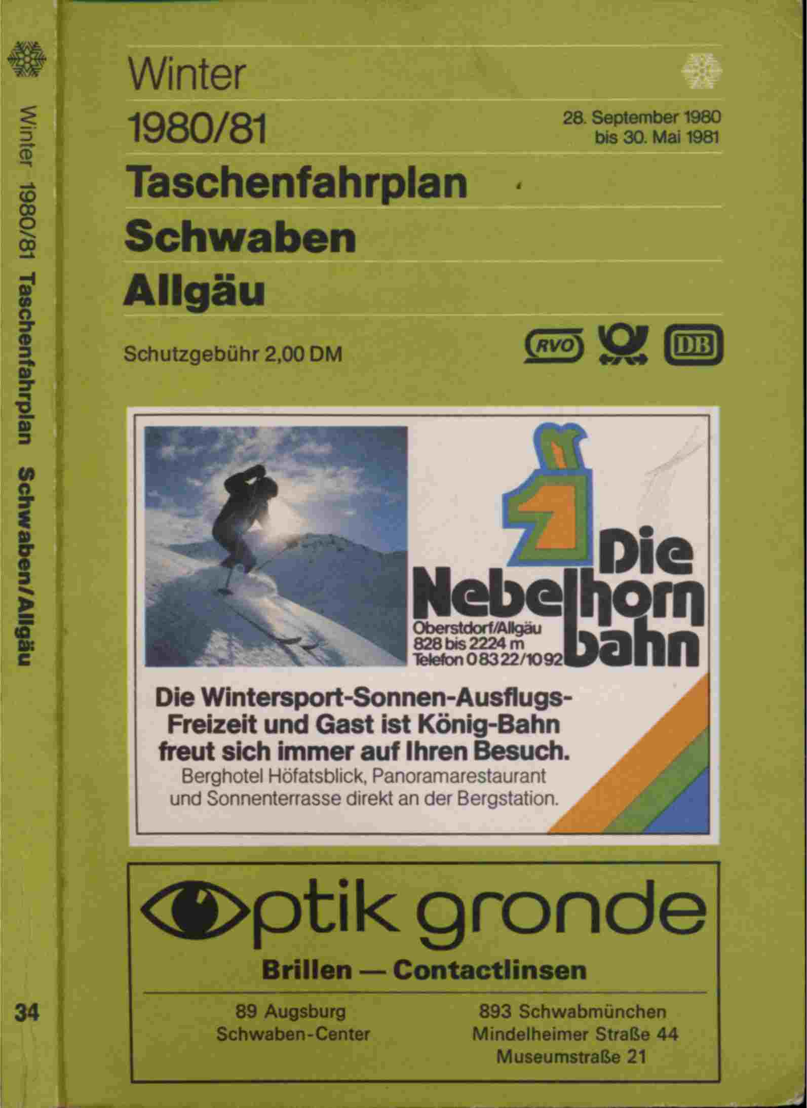 Deutsche Bundesbahn/Deutsche Bahnpost (Hrsg.)  Taschenfahrplan Schwaben Allgäu Winter 1980/81 (28. September 1980 bis 30. Mai 1981). 