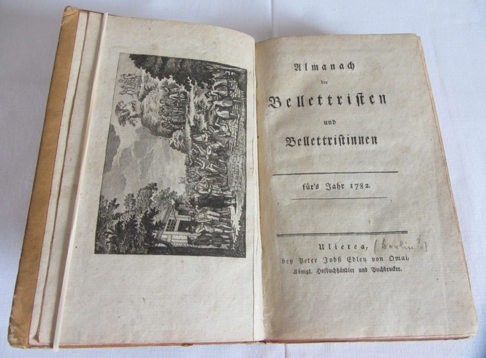 Schulz, Friedrich und Karl F. W. Erbstein (Hrsg.):  Almanach der Bellettristen und Bellettristinnen für`s Jahr 1782. Mit Titelkupfer (Dichterinnen und Dichter auf dem Parnass ) Rosmaessler delin. et sculps. 