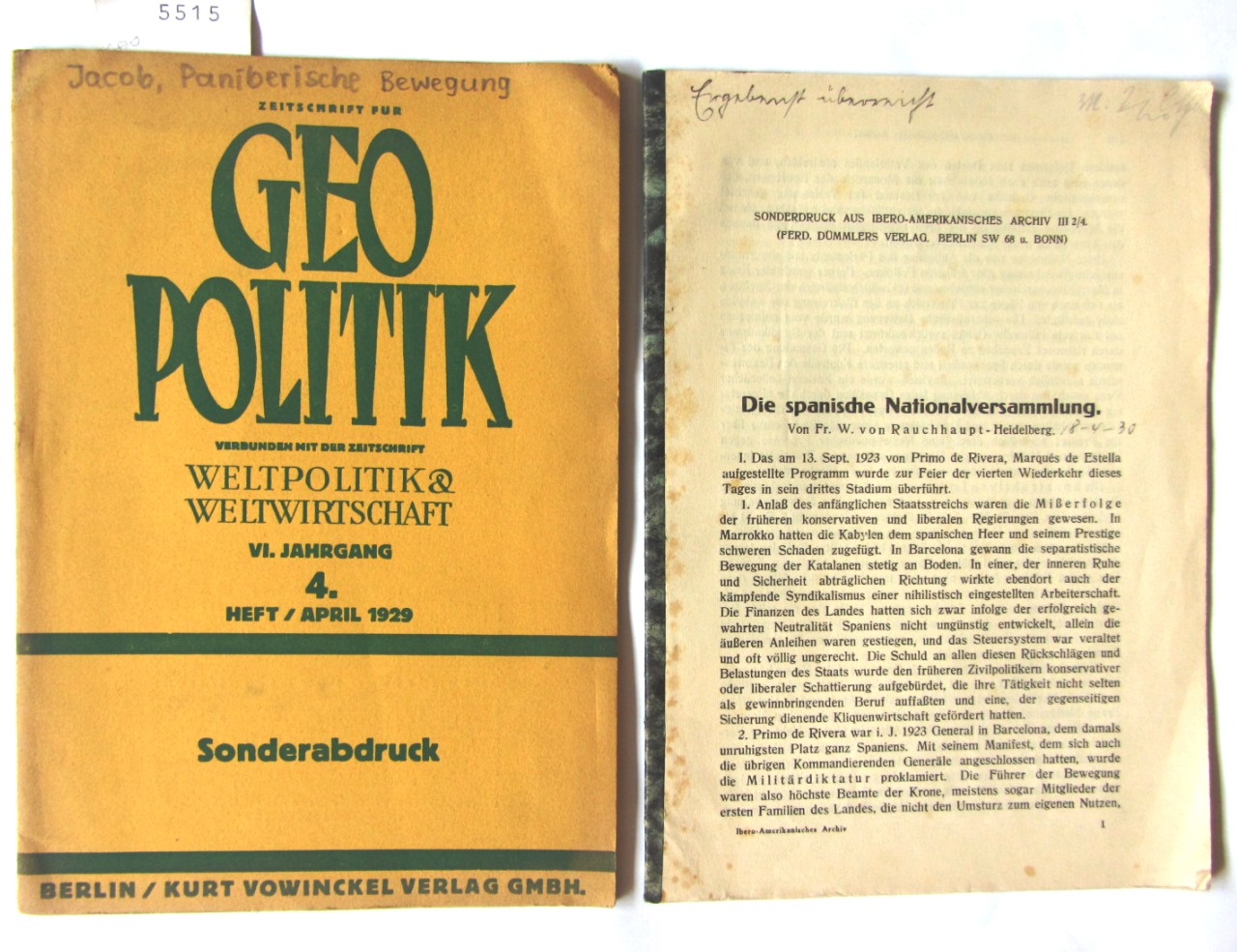 Jacob, Gerhard:  Die paniberische Bewegung. Sonderabdruck aus "Geopolitik", VI.Jg., 4.Heft, S.306-313. 
