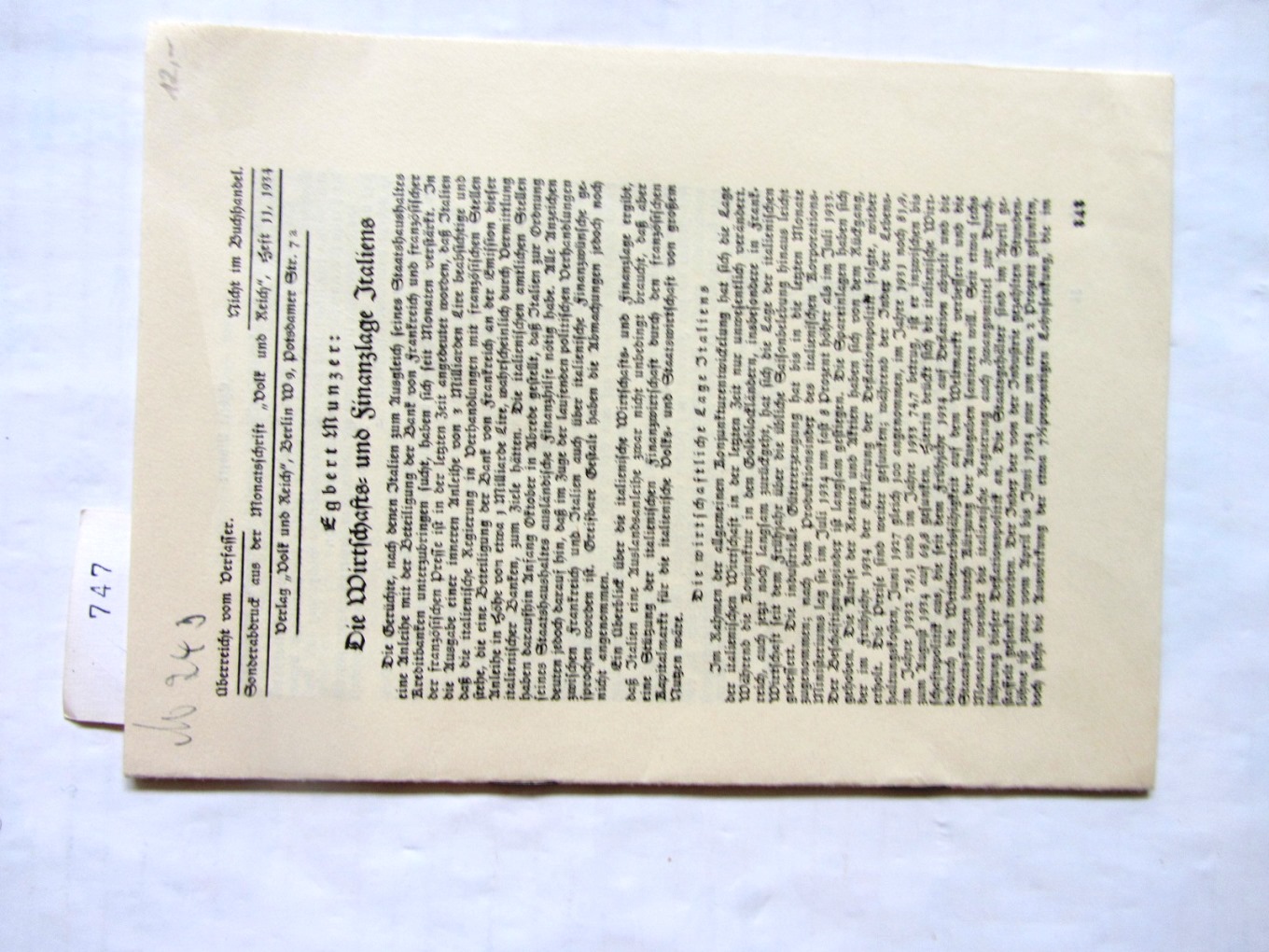 Munzer, Egbert:  Die Wirtschafts- und Finanzlage Italiens. Sonderabdruck aus "Volk und Reich", H.11/1934. 