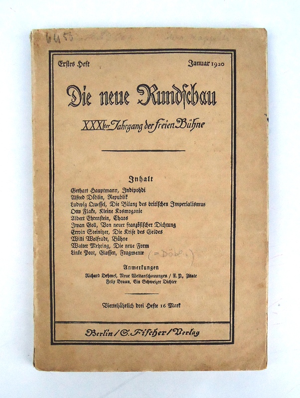 Döblin / Ehrenstein / Mehring -  Die neue Rundschau, XXXI. Jahrgang der freien Bühne, Erstes Heft, Januar 1920. 