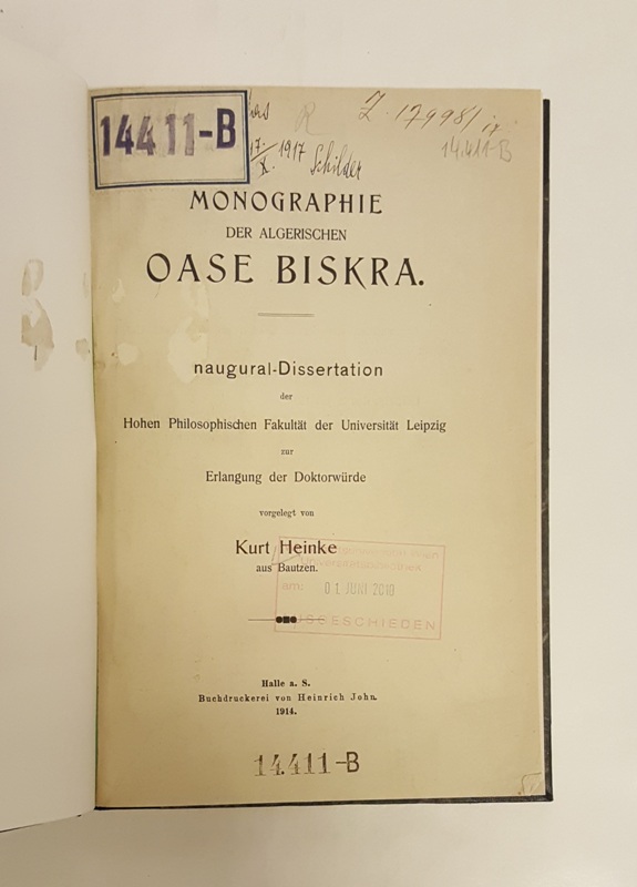 Heinke, Kurt  Monographie der algerischen Oase Biskra. Dissertation der Universität Leipzig. 