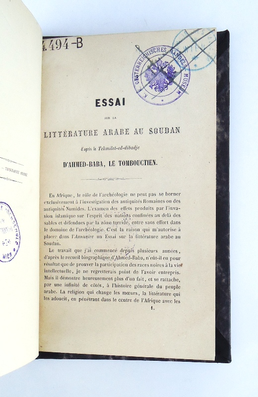 Cherbonneau, Auguste  Essai sur la litterature Arabe au Soudan,  d'après le "Tekmilet-ed-dibadje" d'Ahmded-Baba le Tombouctien. 