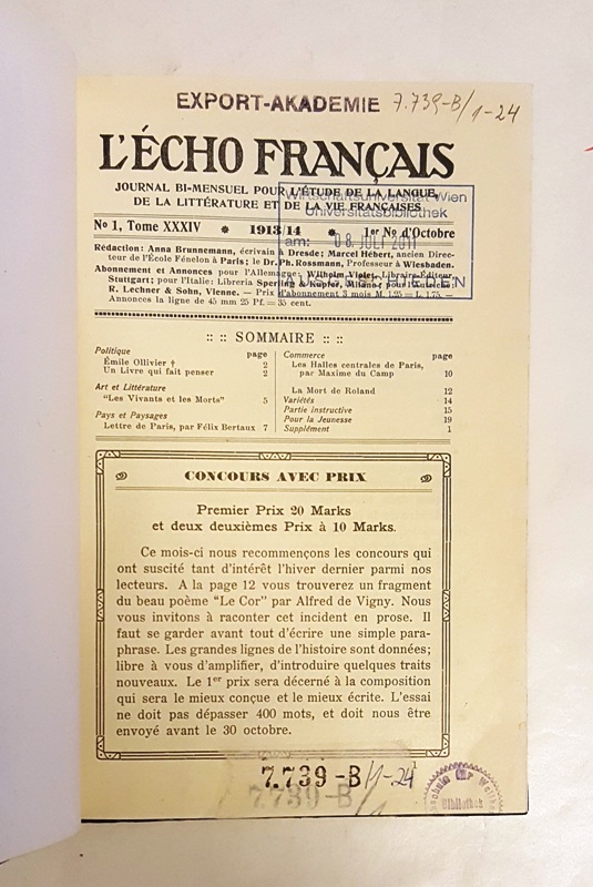 Brunnemann, Anna / Hébert, Marcel / Rossmann, Ph.  L'Écho Francais. Journal bi-mensuel pour l'Étude de la Langue, de la Littérature et de la Vie Francaises. 1913/14. 34me Année, 24 no. (Octobre 1913 - Septembre 1914). 