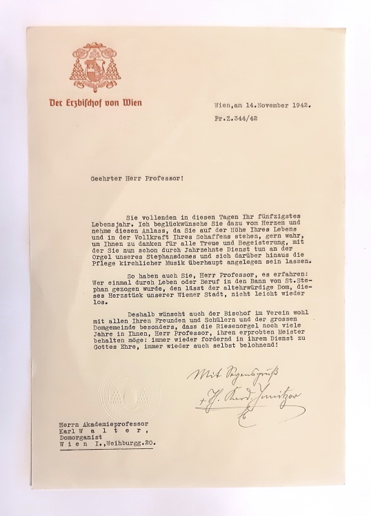 Innitzer, Theodor Kardinal  Maschinengeschriebener Brief mit eigenhändiger Unterschrift von Erzbischof Theodor Kardinal Innitzer vom 14. XI. 1942. 