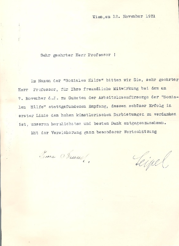 Seipel, Ignaz / Buresch, Irma  Maschinengeschriebener und eigenhändig unterschriebener Brief von Ignaz Seipel und irma Buresch vom 12. XI. 1931. 