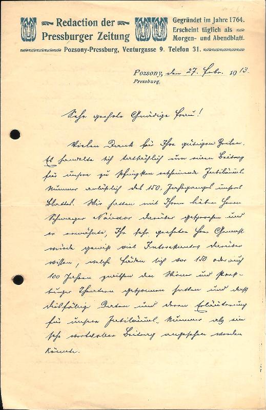 Angermayer, Carl jun.  Eigenhändiger Brief von Carl Angermayer jun., Preßburg, 27. II. 1913. 