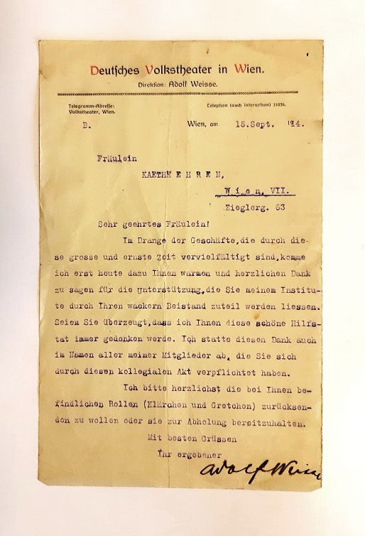 Weisse, Adolf  Maschinengeschr. Brief an Käthe Ehren mit Unterschrift vom 15. IX. 1914. 