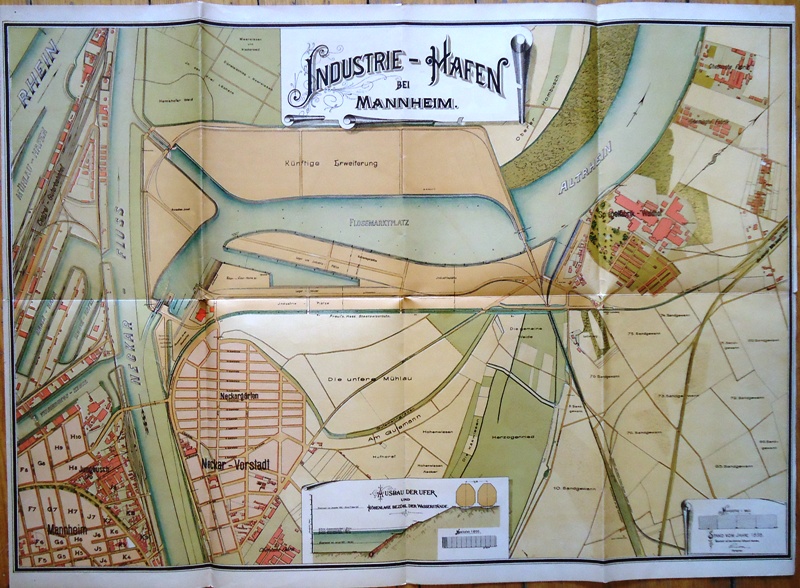Hafen Mannheim -  Farblithographierte Karte des Industrie-Hafen Mannheim. Stand vom Jahre 1898. Maßstab 1:5000. Städtisches Tiefbauamt Mannheim. 