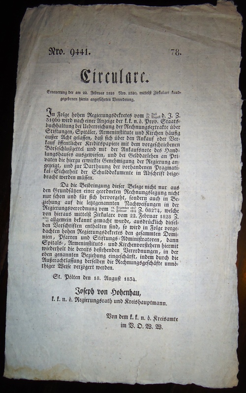 St. Pölten - Hohenau, Joseph von  Circulare Nro. 9441/78 von 18.8.1834, "Erneuerung der Verordnung Circ. 1828/2320 (betr. öffentliche Kreditpapiere etc.) 