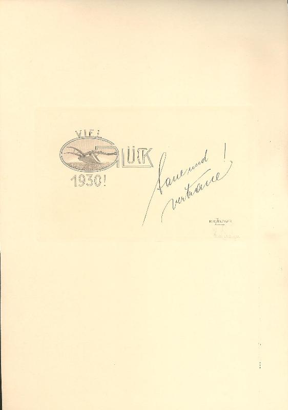 Zenziger, Rudolf  1 Originalradierung. Viel Glück 1930. Mit Bleistift eigenhändig signiert. Handschriftliche Beschriftung: baue und vertraue! 