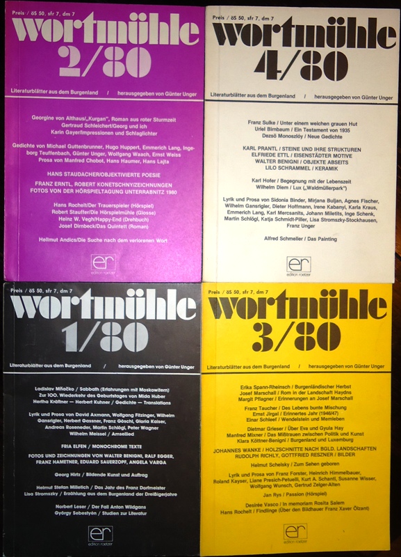 Unger, Günter  wortmühle. Literaturblätter aus dem Burgenland. 4 Nummern (Heft 1-4, 1980). 