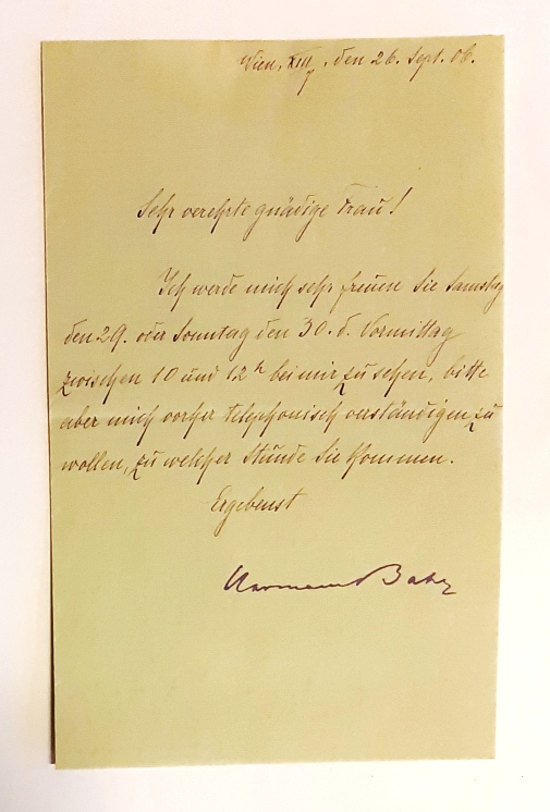 Autograph - Bahr, Hermann  Eigenhändiger Brief von Hermann Bahr mit Unterschrift, Wien XIII, den 26. Sept. 06. 