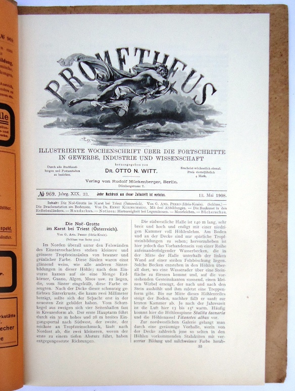 Grotta Gigante Triest -  Prometheus. Illustrierte Wochenschrift über die Fortschritte in Gewerbe, Industrie und Wissenschaft. No. 32 + 33, Jg. XIX, 6. und 13. Mai 1908. 