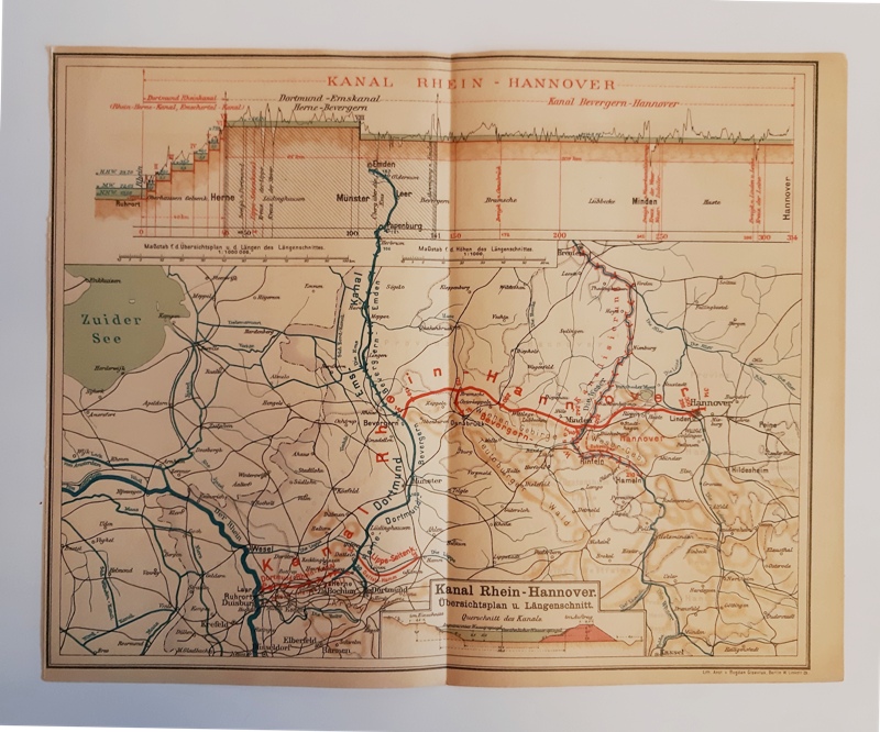 Wasserkarte -  Kanal Rhein-Hannover. Übersichtsplan und Längenschnitt. Maßstab 1 : 1 000 000 und 1: 1000. 