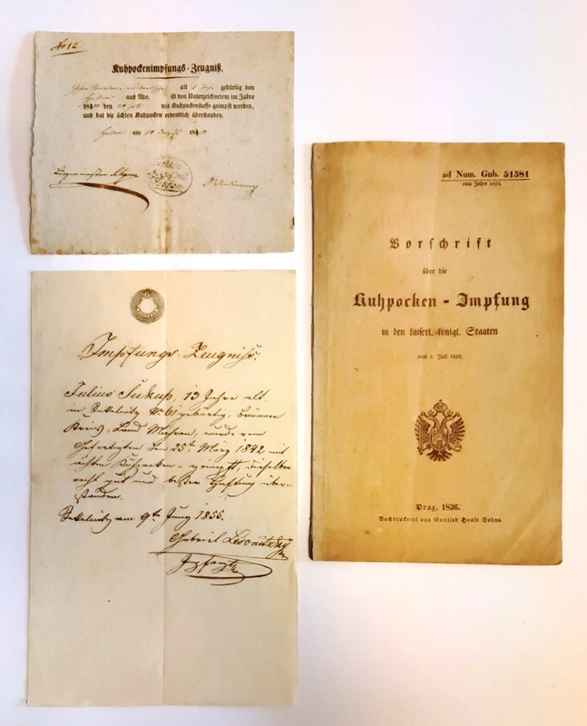 Kuhpockenimpfung 1836-1842 (3 Teile). Vorschrift und 2 Impfzeugnisse.  Vorschrift 1836 und 2 Impfzeugnisse. 