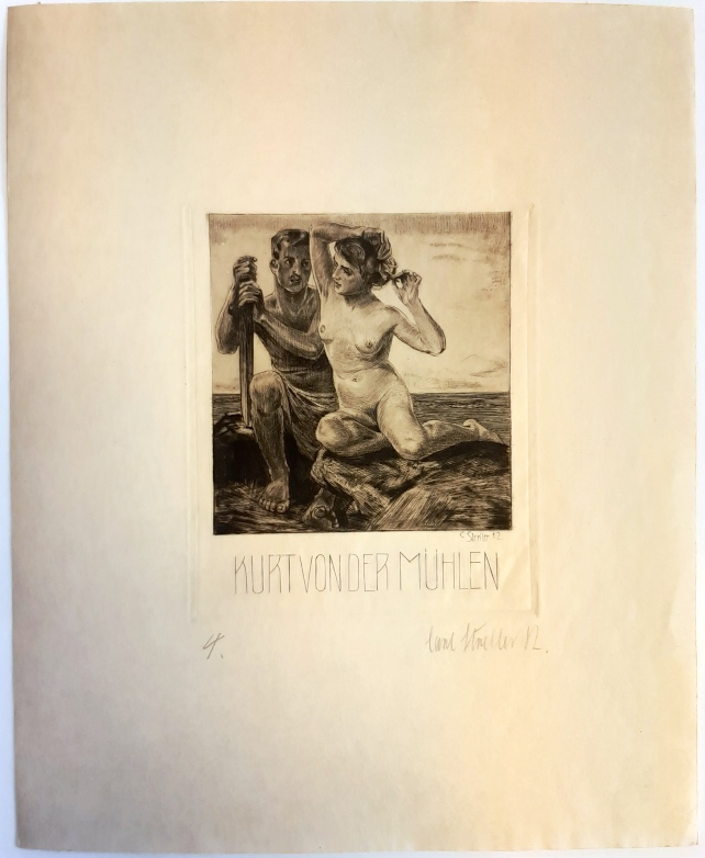 Streller, Carl  Gestochenes Exlibris für Kurt von der Mühlen. Auf Fels am Meer sitzendes Aktpaar, 1912. 