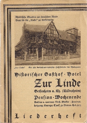 GASTHOF HOTEL ZUR LINDE (Hg.)  Liederheft - Historischer Gasthof. Hotel Zur Linde. Pension Wochenende - Geisenheim a. Rh. (Rüdesheim) 