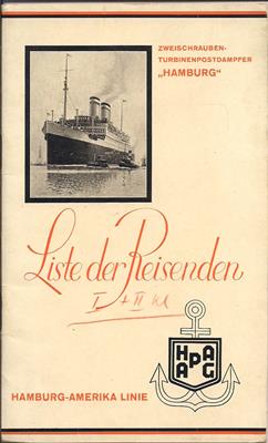 Hamburg Amerika Linie  Liste der Reisenden Zweischrauben-Turbinenpostdampfer NEW YORK am 8. Juni 1928 von Hamburg nach New York, über Boulogne S. M.  und Southhampton.. 
