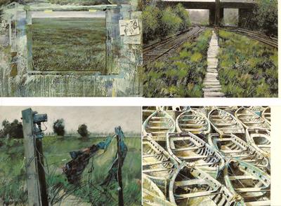 LOUIS (Louis G. N. Busman)  4 Gemälde - Postkarten : Arbeitsfeld für ein Landvermesser (1981) / Güst VIII (1990) / Westkreuz V (1989) /Essaouira I (1989) 