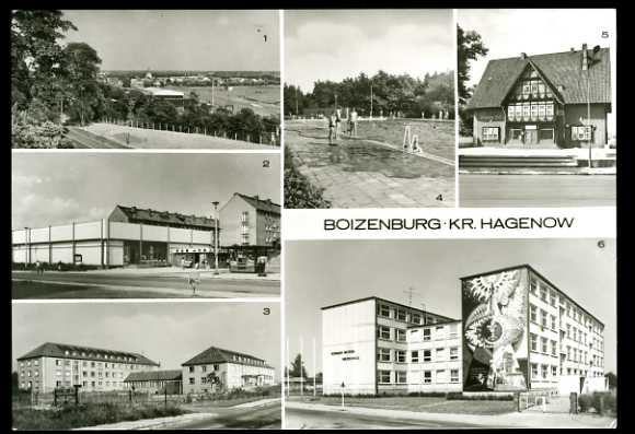   Boizenburg. Kr. Hagenow. Übersicht, Kaufhalle, Rakowheim und Krankenhaus, Bad "An der Boize" , Konsum-Hotel "Boizenburg-Stadt" , Hermann-Matern-Oberschule. 