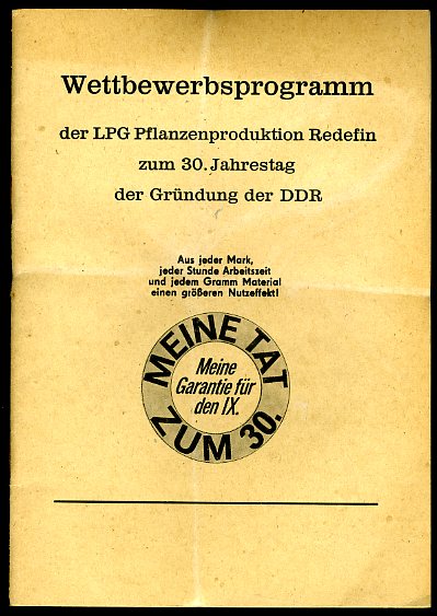   Wettbewerbsprogramm der LPG Pflanzenproduktion Redefin zum 30. Jahrestag der Gründung der DDR. 