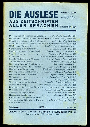   Die Auslese aus Zeitschriften aller Sprachen. Internationale Zeitschriftenschau. November 1934. 