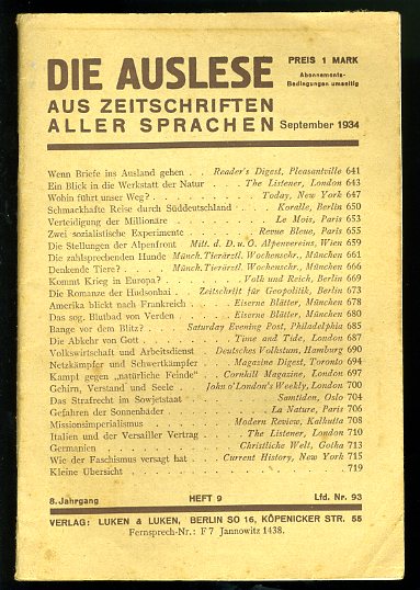   Die Auslese aus Zeitschriften aller Sprachen. Internationale Zeitschriftenschau. September 1934 