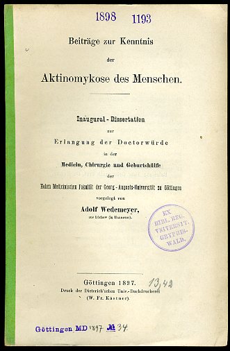 Wedemeyer, Adolf:  Beiträge zur Kenntnis der Aktinomykose des Menschen. 