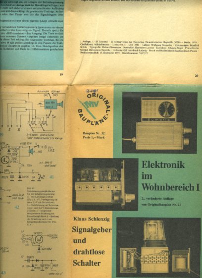 Schlenzig, Klaus:  Signalgeber und drahtlose Schalter.  Elektronik im Wohnbereich I. MV Original-Baupläne. Bauplan 32. 