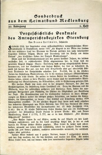 Hollmann, Bruno:  Vorgeschichtliche Denkmale des Amtsgerichtsbezirkes Sternberg. Sonderdruck aus Mecklenburg. Zeitschrift des Heimatbundes 