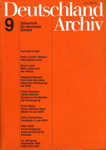   Deutschland Archiv. Zeitschrift für Fragen der DDR und der Deutschlandpolitik. 24. Jahrgang 1990 (nur) Heft 9. 