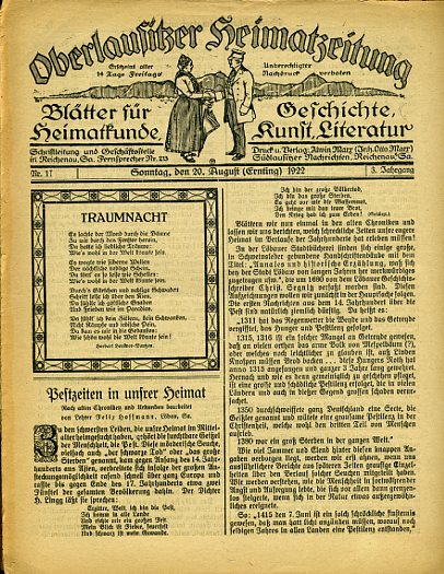  Oberlausitzer Heimatzeitung. Blätter für Heimatkunde, Geschichte, Kunst, Literatur (nur) 3. Jg. Nr. 17, 18, 20. 