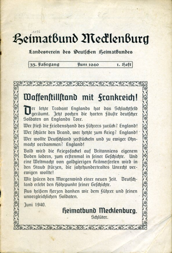   Mecklenburg. Zeitschrift des Heimatbundes Mecklenburg. 35. Jg. 1940 (nur) Heft 1. 