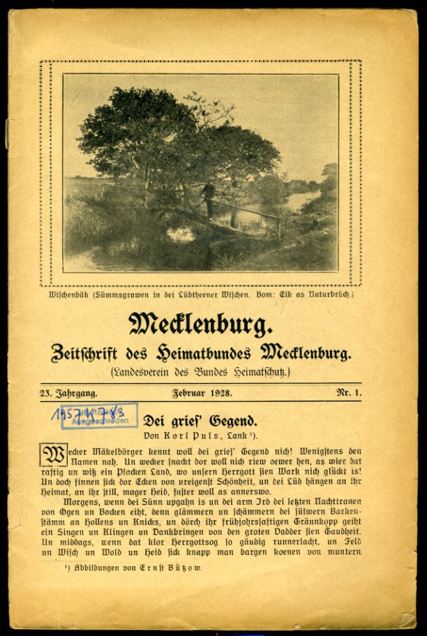   Mecklenburg. Zeitschrift des Heimatbundes Mecklenburg. 23. Jg. (nur) Heft 1. 
