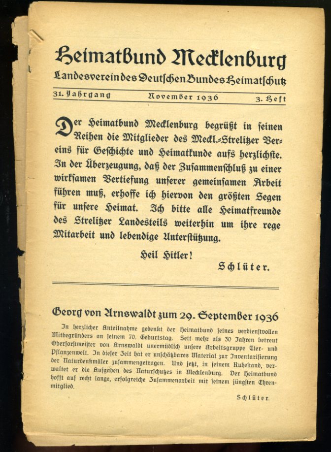   Mecklenburg. Zeitschrift des Heimatbundes Mecklenburg. 31. Jg. (nur) Heft 3. 